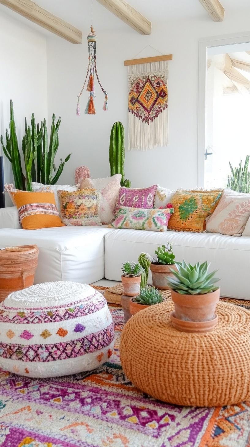 23 einzigartige Boho Farmhouse Wohnzimmer Ideen zum Kopieren 64 20. Wurzelnde Wildnis: Dot den Raum mit lebhaften Sukkulenten in nicht übereinstimmenden Töpfen, zusammen mit Laune Wind Glocken und gestickten Wandteppichen als Wandkunst-1
