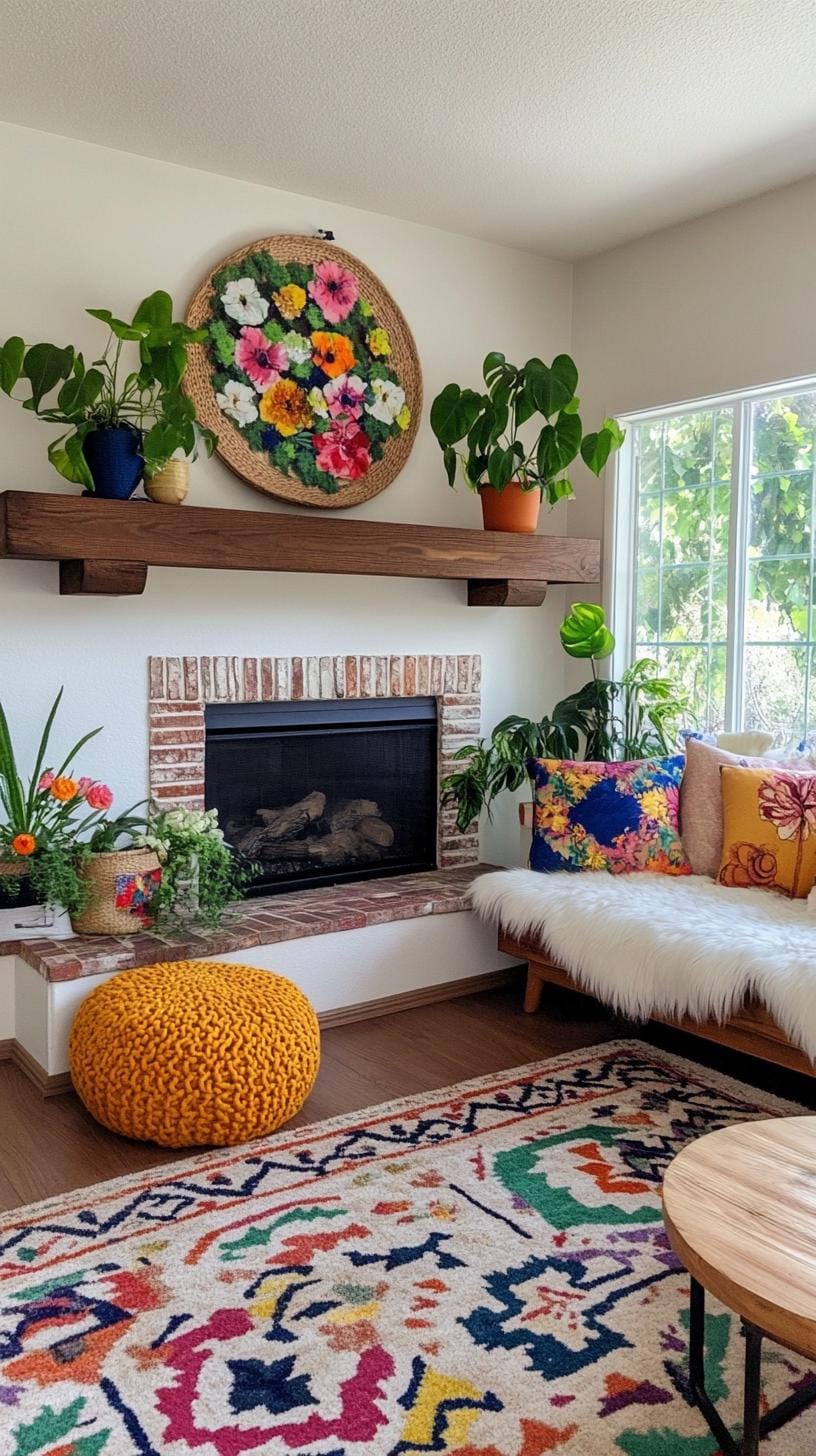 23 einzigartige Boho Farmhouse Wohnzimmer Ideen zum Kopieren 61 19. Cosy Collage: Strecken Sie den Stil mit mehreren geschichteten Mustern, Vereinigungsblumen und Geometrie in Würfen und Kissen, gepaart mit einem einfachen Holzmantel-2