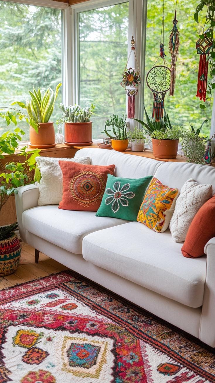 23 einzigartige Boho Farmhouse Wohnzimmer Ideen zum kopieren 65 20. Wurzelnde Wildnis: Dot den Raum mit lebhaften Sukkulenten in nicht übereinstimmenden Töpfen sowie launische Windgeile und gestickte Wandteppiche als Wandkunst-2