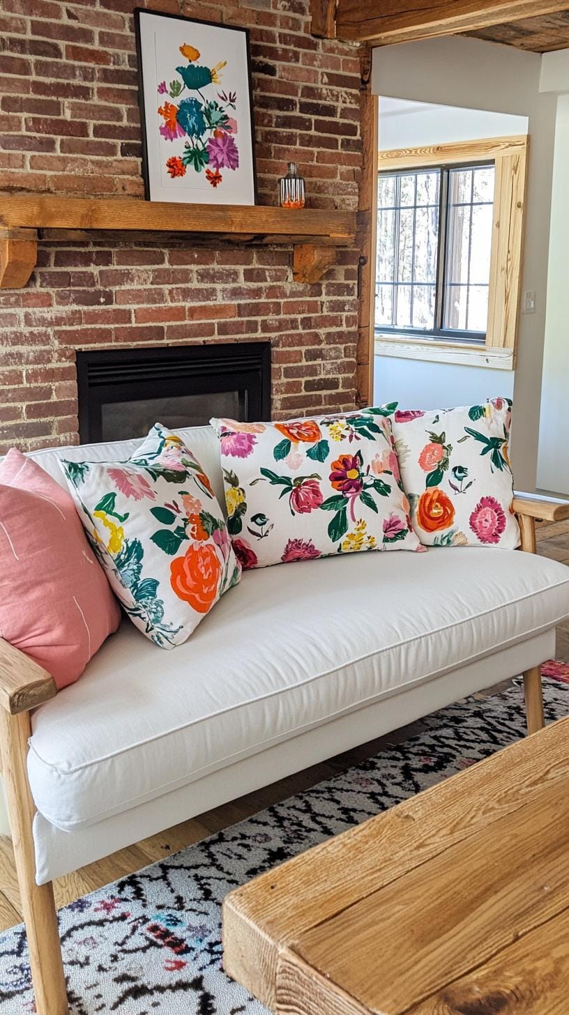 23 einzigartige Boho Farmhouse Wohnzimmer Ideen zum kopieren 60 19. Cosy Collage: Strecken Sie den Stil mit mehreren geschichteten Mustern, Vereinigungsblumen und Geometrie in Würfen und Kissen, gepaart mit einem einfachen Holzmantel-1