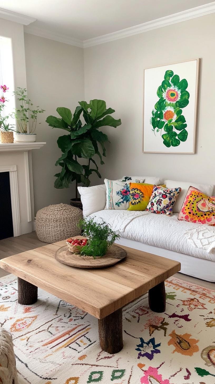 23 einzigartige Boho Farmhouse Wohnzimmer Ideen zum Kopieren 62 19. Cosy Collage: Strecken Sie den Stil mit mehreren geschichteten Mustern, Vereinigungsblumen und Geometrie in Würfen und Kissen, gepaart mit einem einfachen Holzmantel-3