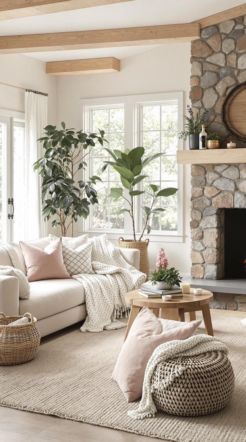 23 einzigartige Boho Farmhouse Wohnzimmer Ideen zum Kopieren von 70 22. Natürliche Ernährung: Funken Sie organische Elemente mit Holzböden, Stein außen und sandfarbigen Stoffen, um einen Raum der Serenity-1 zu verbessern.