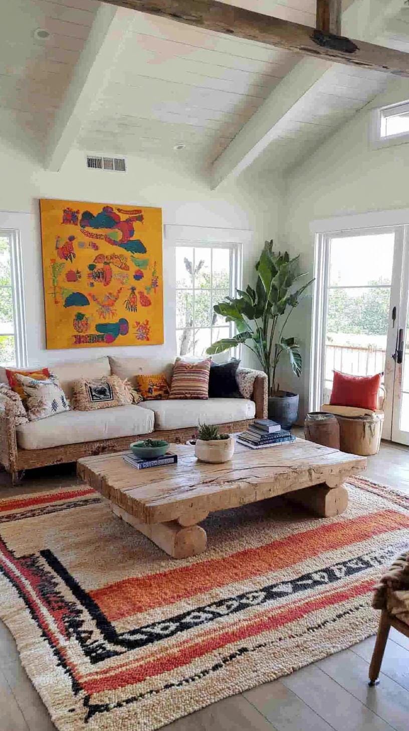 23 einzigartige Boho Farmhouse Wohnzimmer Ideen zum Kopieren 75 23. Künstlerisches Ambiente: Spielen Sie mit unterschiedlichen Mustern und Designs, entscheiden