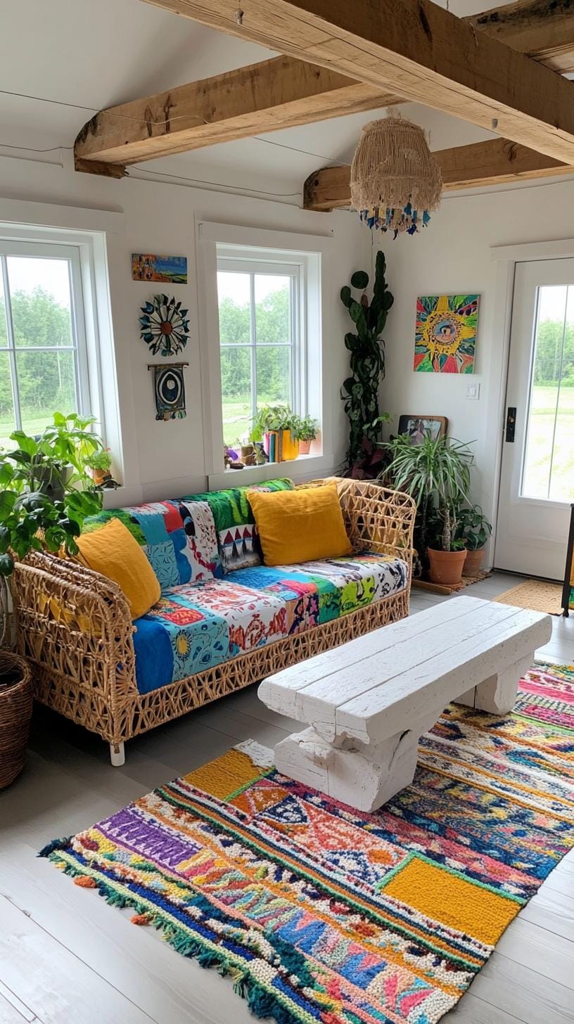 23 einzigartige Boho Farmhouse Wohnzimmer Ideen zum Kopieren 76 23. Künstlerisches Ambiente: Spielen Sie mit unterschiedlichen Mustern und Designs, entscheiden