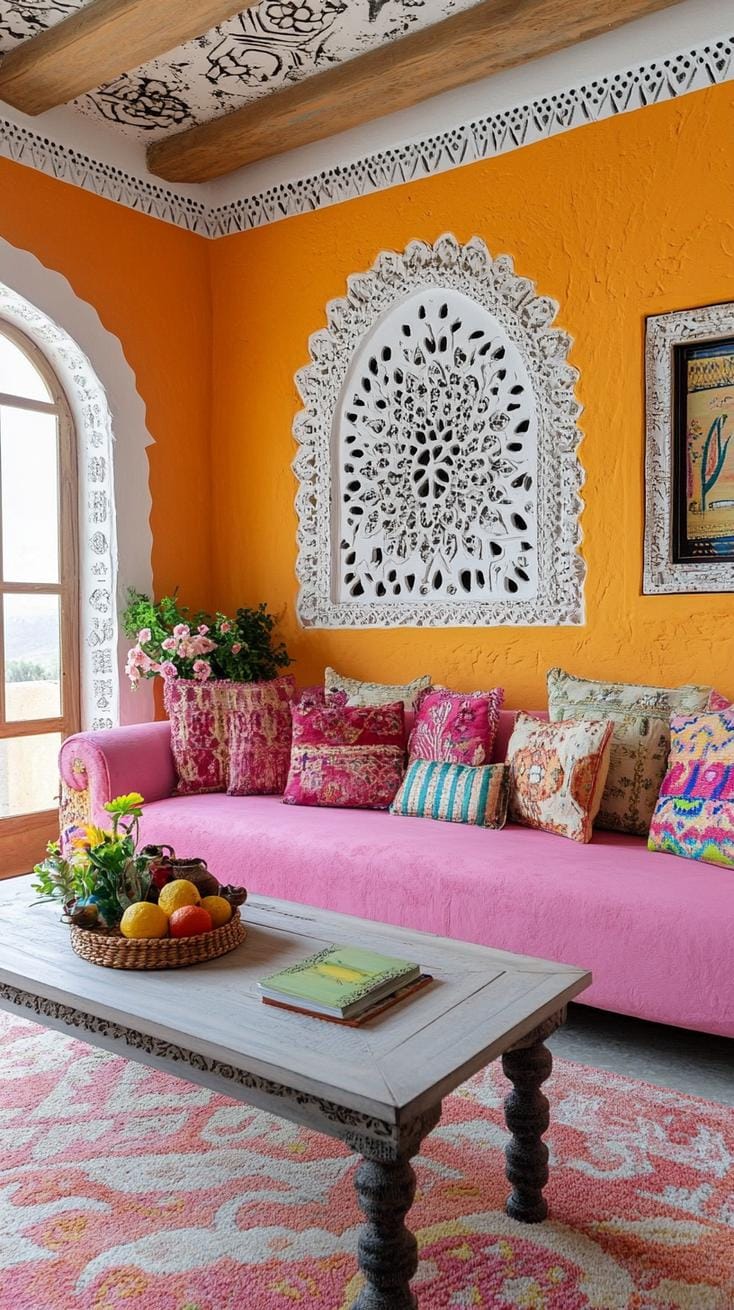 23 einzigartige Boho Farmhouse Wohnzimmer Ideen zum Kopieren 74 23. Künstlerisches Ambiente: Spielen Sie mit unterschiedlichen Mustern und Designs, entscheiden
