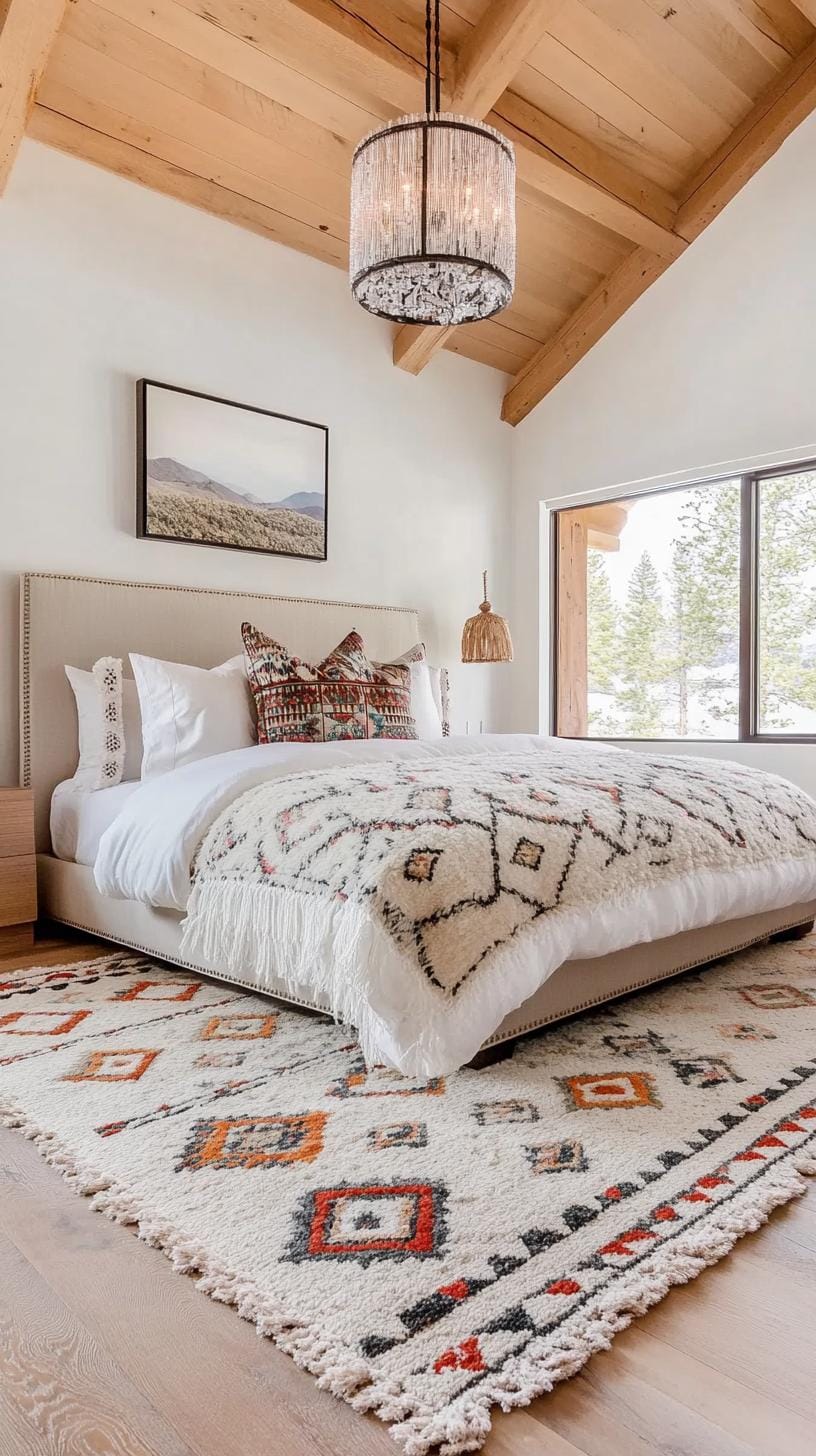 21 Breathtaking Western Boho Bedroom Ideas to inspire you 4 1. Mix southwestern patterns with neutral tones use a navajo carpet as the center of the rustic wooden floor-1
