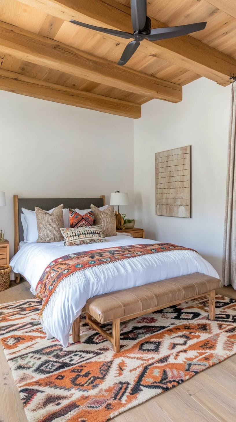 21 Breathtaking Western Boho Bedroom Ideas to inspire you 5 1. Mix southwestern patterns with neutral tones use a navajo carpet as the center of the rustic wooden floor 2