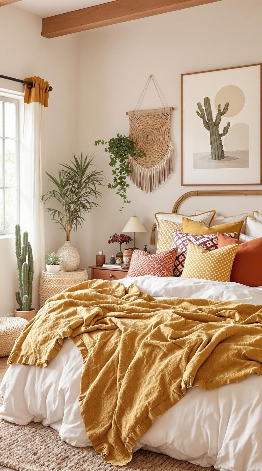 21 Breathtaking Western Boho Bedroom Ideas to inspire you 13 4. Decide on a desert oasis color palette with terracotta, mustard and sandy beige in combination with soft cotton bed linen-1