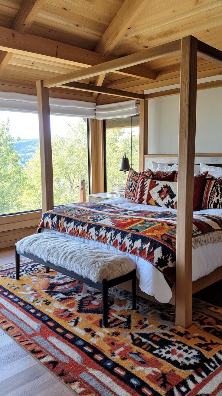 21 Breathtaking Western Boho Bedroom Ideas to inspire you 23 7. Integrate textiles with a bold print inspired by Aztec, which are covered on a Bed-1 four-shop bed via soft, earthy bed linen