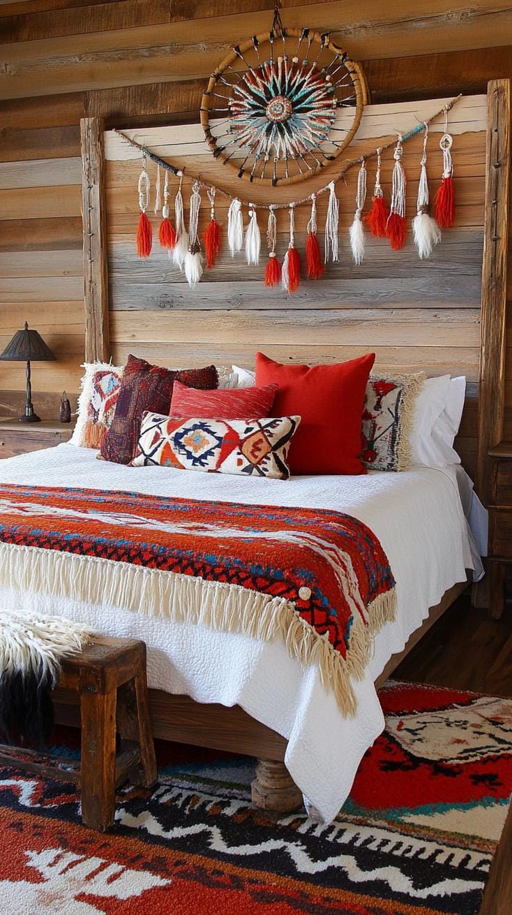 21 Breathtaking Western Boho Bedroom Ideas to inspire you 20 6. Lift a statement wall made of regrained barn wood behind a canopy bed with tassel garlands and Dream Catchers-2