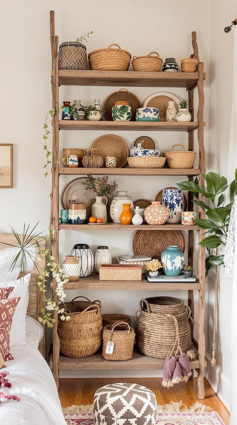 21 breathtaking western boho bedroom ideas to inspire you 28 8. Use a mixture of woven baskets and hand-painted pottery goods that are on the open wooden shelf for additional texture-2