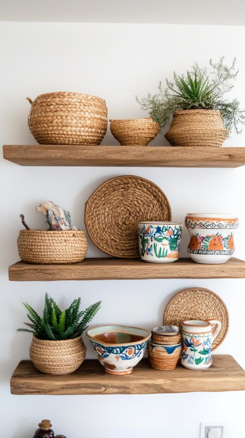 21 Breathtaking Western Boho Bedroom Ideas to inspire you 27 8. Use a mixture of woven baskets and hand-painted pottery goods that are on the open wooden shelf for additional texture-1