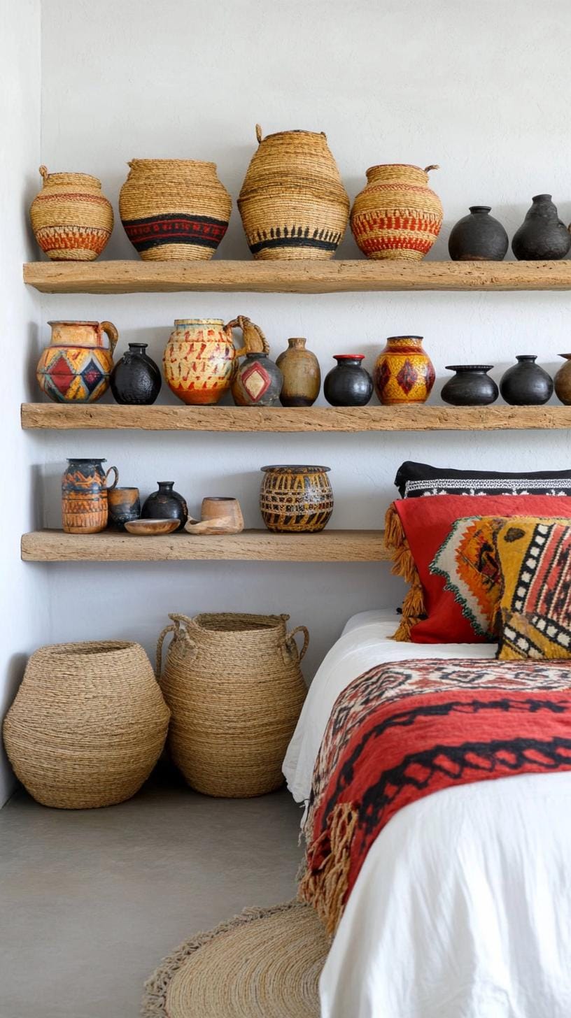 21 Breathtaking Western Boho Bedroom Ideas to inspire you 29 8. Use a mixture of woven baskets and hand-painted pottery goods, which are exhibited on an open wooden shelf for additional texture-3