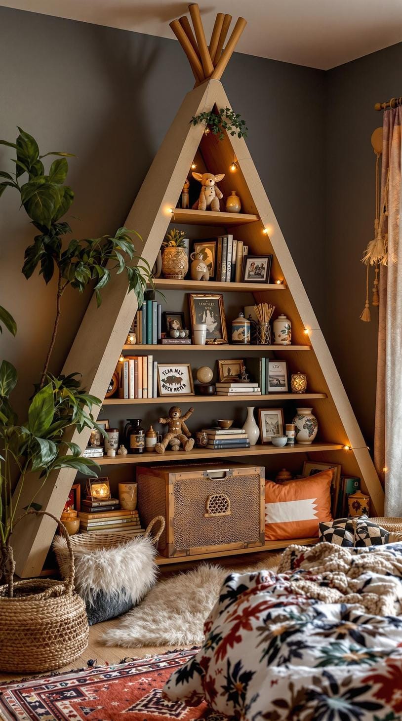 21 Breathtaking Western Boho Bedroom Ideas to inspire you 35 10. Design a corner with a tipe-shaped bookcase that integrated eclectic artifacts and Bohemian jewelry-1