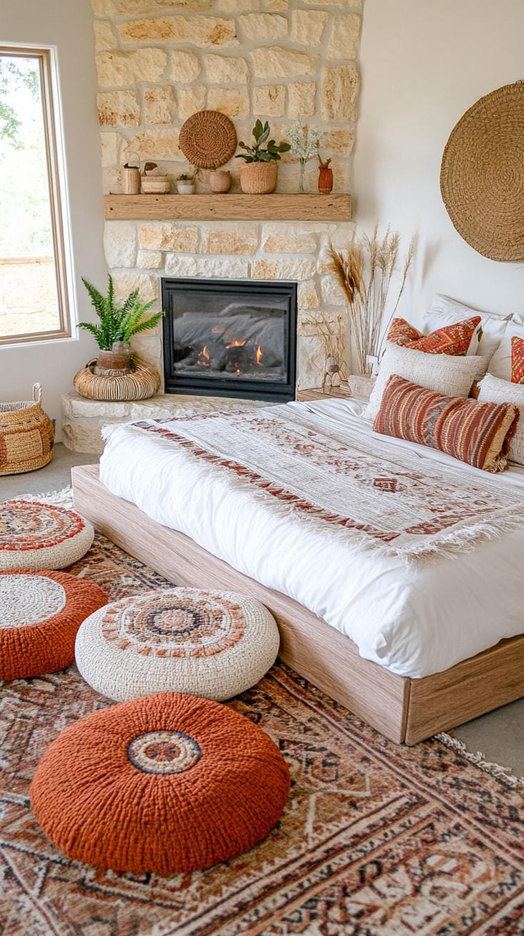 21 Breathtaking Western Boho Bedroom Ideas to inspire you 39 11. Use floor cushions in steamed earth tones to create a casual zone next to a fireplace decorated with Desert Stone-1