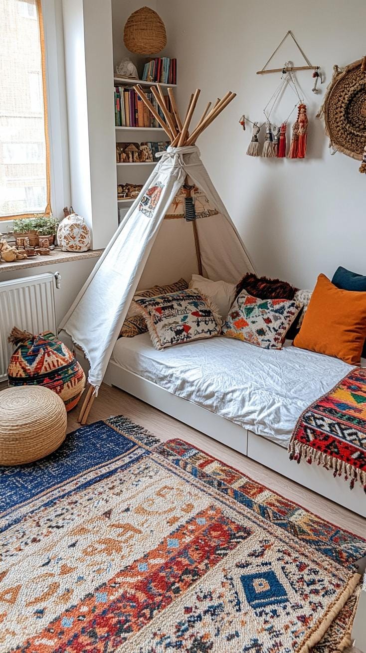 21 Breathtaking Western Boho Bedroom Ideas to inspire you 37 10. Design a corner with a tipe-shaped bookshelf that integrated eclectic artifacts and Bohemian jewelry-3