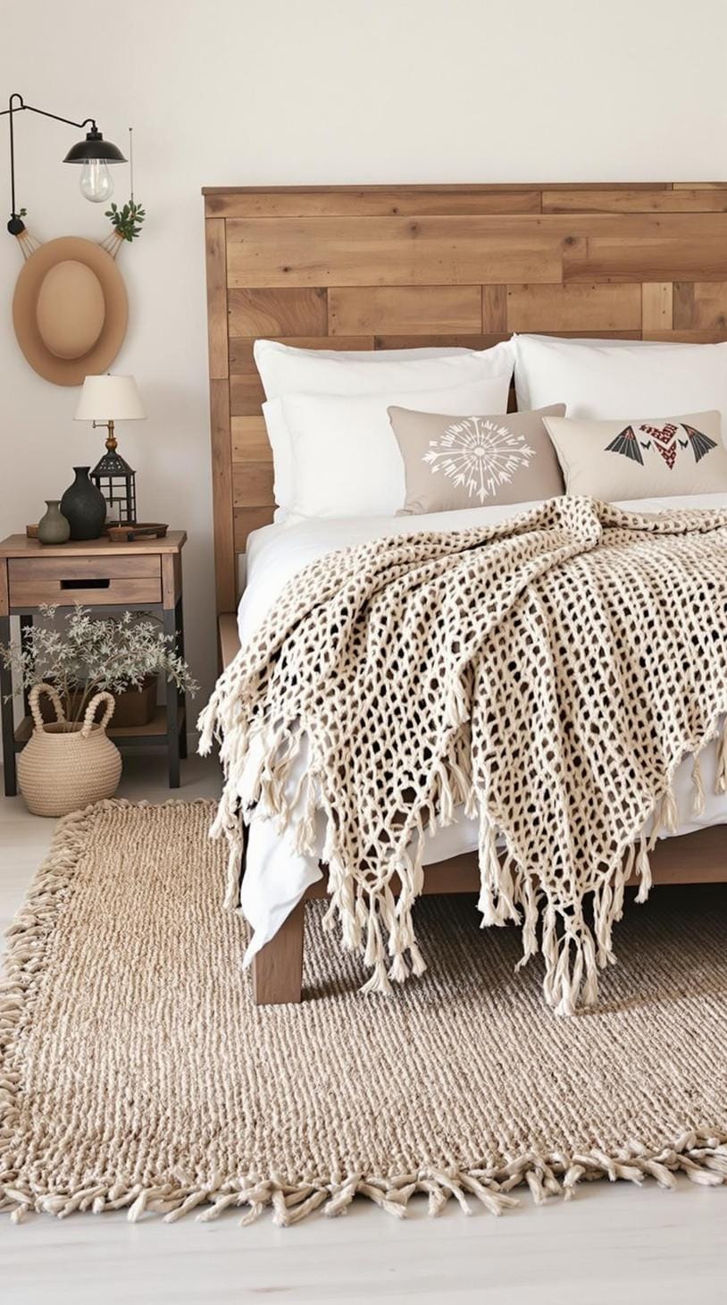 21 Breathtaking Western Boho Bedroom Ideas to inspire them 47 14. layer jute carpets together to give a dimension under a rustic, wooden bed frame with a mixture of knitting back