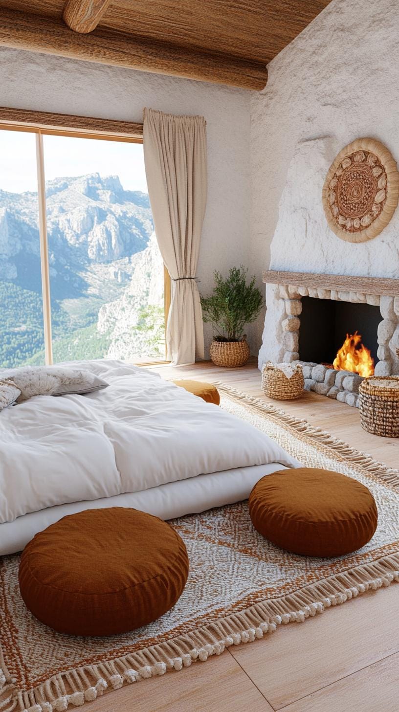 21 breathtaking western boho bedroom ideas to inspire you 40 11. Use floor cushions in steamed earth tones to create a casual chill-out zone next to a fireplace decorated with Desert Stone-2
