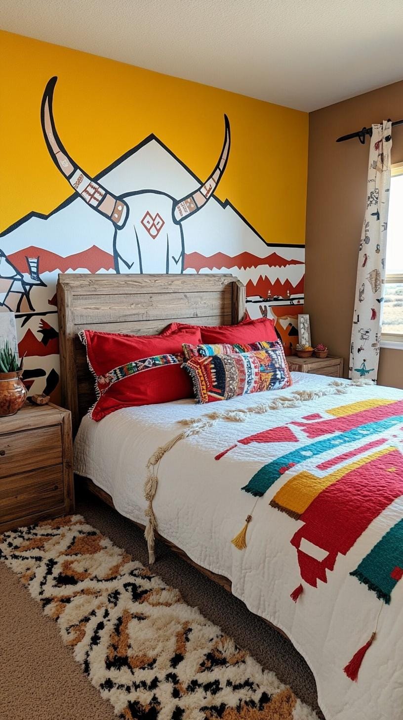 21 Breathtaking Western Boho Bedroom Ideas to inspire you 61 19. Design an accent wall with hand -painted desert scenes or geometric murals inspired by the American indigenous people