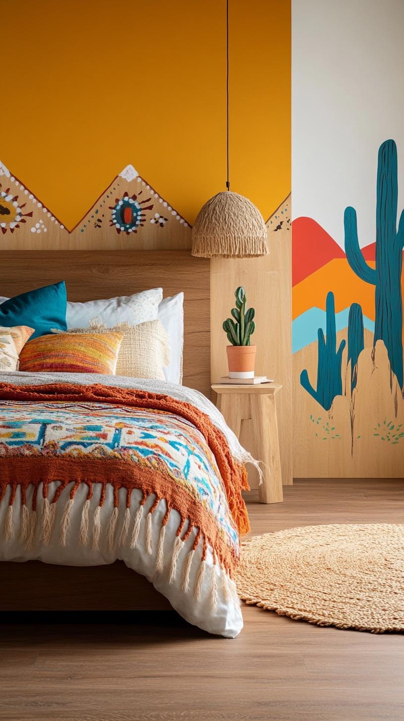 21 Breathtaking Western Boho Bedroom Ideas to inspire you 62 19. Design an accent wall with hand -painted desert scenes or geometric murals inspired by the American indigenous people