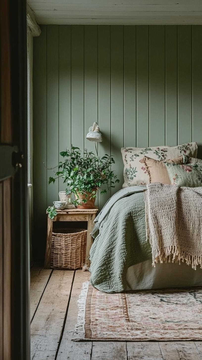 25 einzigartige Salbei grüne Boho Schlafzimmer Ideen für 2025 7 2. Botanische Oase: Verwenden Sie üppige Topfpflanzen neben Salbeigrünwänden und natürlichen Faserkörben für ein beruhigendes natürliches Retreat-1