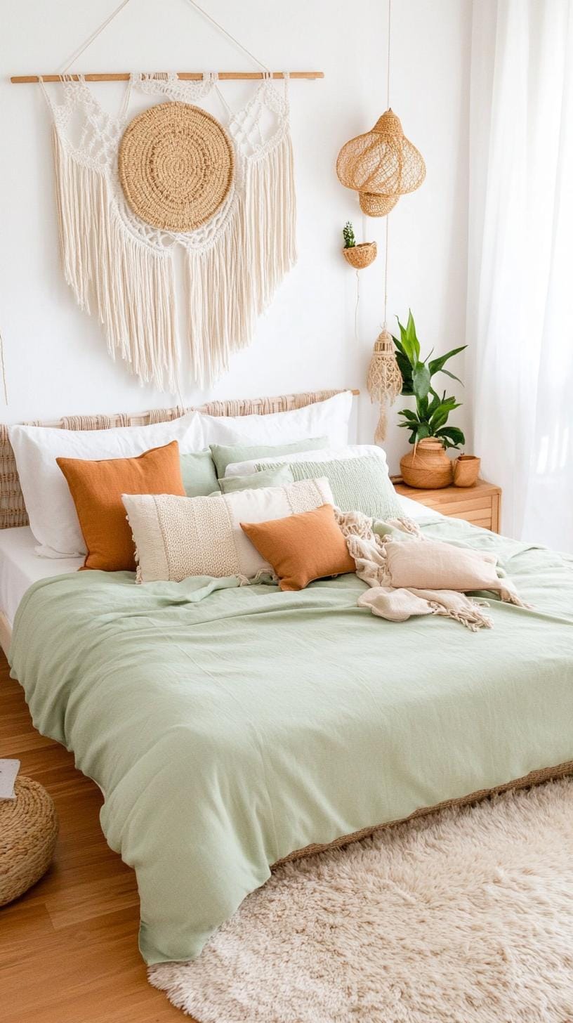 25 einzigartige Salbei grüne Boho Schlafzimmer Ideen für 2025 4 1. Schichtstruktur: Kombinieren Sie Makramé-Wandbehänge, Salbei-Wäschebettbezüge und einen zotteligen Teppich für eine erdige böhmische Vibe-1