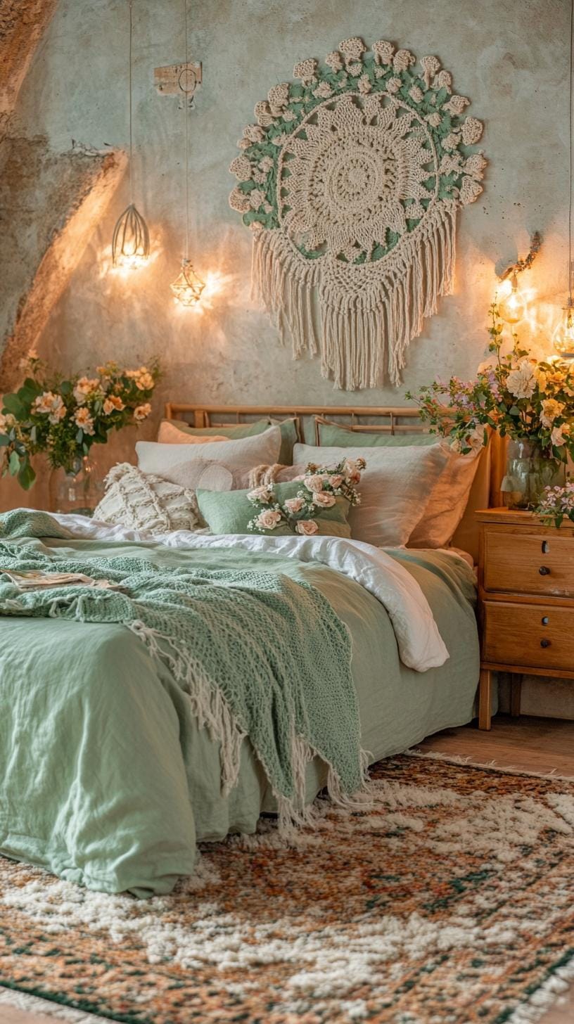 25 einzigartige Salbei grüne Boho Schlafzimmer Ideen für 2025 5 1. Layered Texturen: Kombinieren Sie Makramé-Wandbehänge, Salbei-Leinenbettbezüge und einen zotteligen Teppich für einen erdigen böhmischen Stippe-2