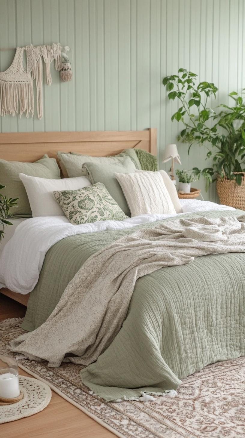 25 einzigartige Salbei grüne Boho Schlafzimmer Ideen für 2025 8 2. Botanische Oase: Verwenden Sie üppige Topfpflanzen neben Salbeigrünwänden und natürlichen Faserkörben für ein beruhigendes natürliches Retreat-2