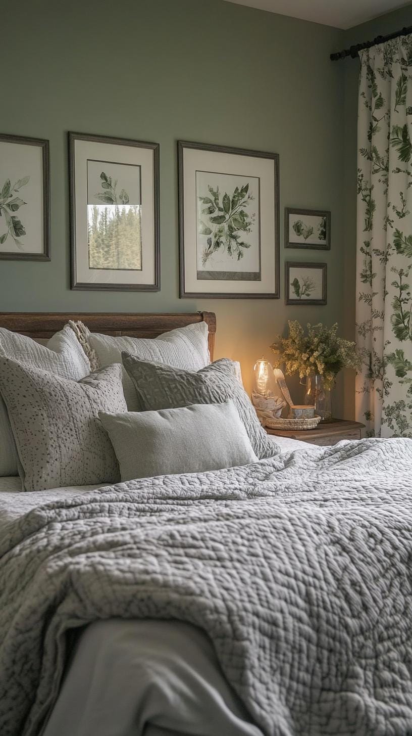 25 einzigartige Salbei grüne Boho Schlafzimmer Ideen für 2025 25 8. Nature's Gallery: Erstellen Sie ein Wandarrangement mit botanischen Kunstdrucken in Salbei und Komplementary Shades-1