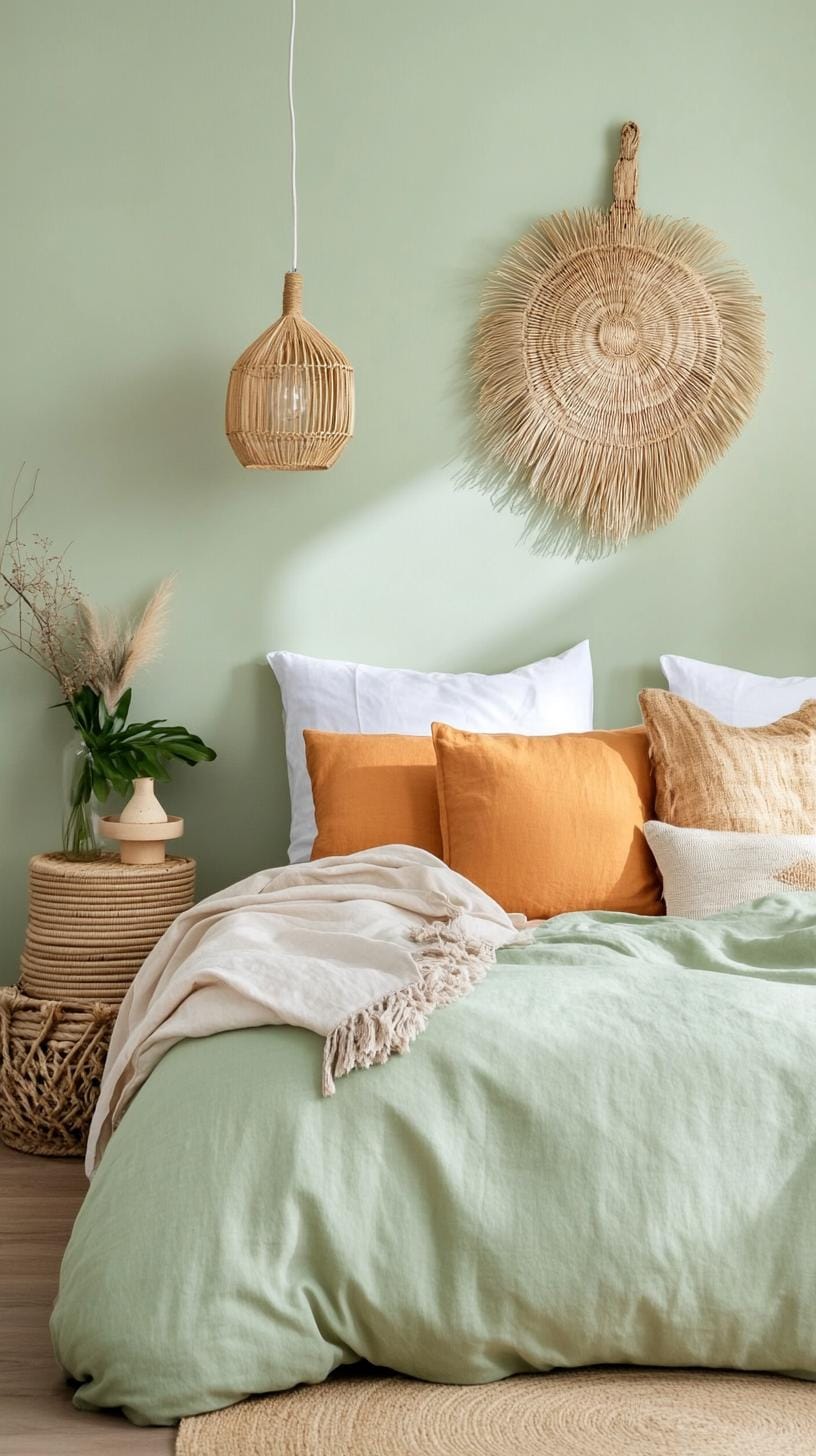 25 einzigartige Salbei grüne Boho Schlafzimmer Ideen für 2025 31 10. Farbwäsche: Experimentieren Sie mit einer Mischung aus Salbei mit anderen Pastellfarben, um einen ruhigen Gradienteneffekt über Wände und Textilien-1 zu erzeugen