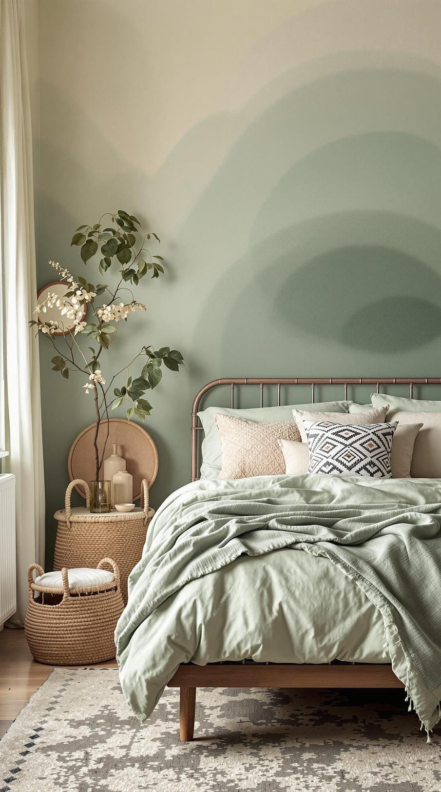 25 einzigartige Salbei grüne Boho Schlafzimmer Ideen für 2025 32 10. Farbwäsche: Experimentieren Sie mit einer Mischung aus Salbei mit anderen Pastellfarben, um einen ruhigen Gradienteneffekt über Wände und Textilien-2 zu erzeugen