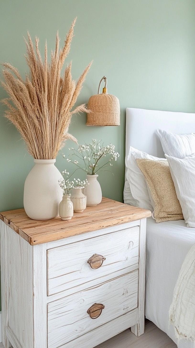 25 einzigartige Salbei grüne Boho Schlafzimmer Ideen für 2025 29 9. Rustikaler Luxus: Kombinierte Salbeiwände mit rustikalen weiß getünchten Holzmöbeln und goldenen Akzenten für zurückhaltende Glamour-2