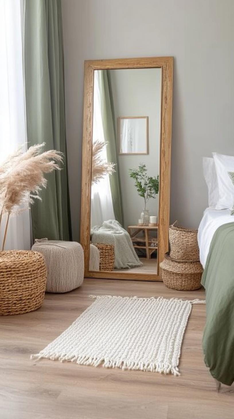 25 einzigartige Salbei grüne Boho Schlafzimmer Ideen für 2025 46 14. gemischte Materialien: Verwenden Sie eine Mischung aus Metallen, wie ein goldrahmener Spiegel mit Salbei-Töntemelementen für Kontrast und Interesse-3