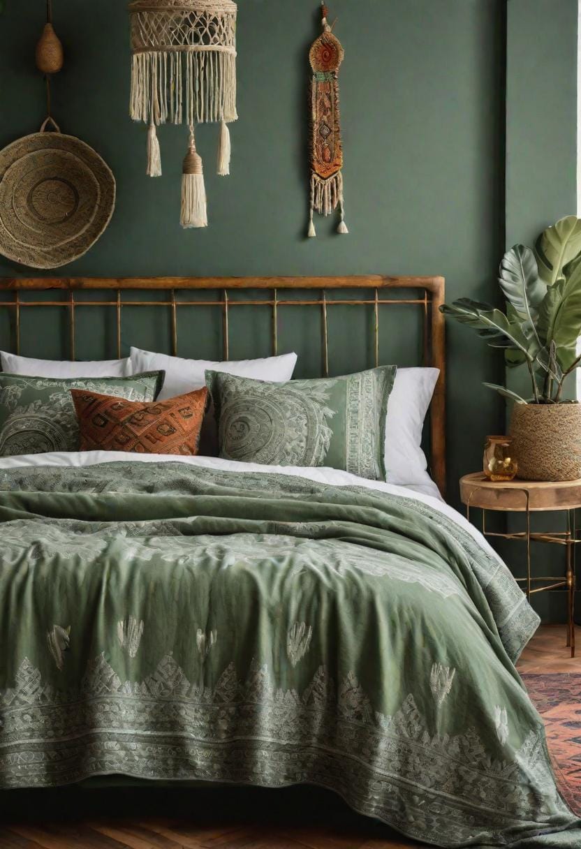 25 einzigartige Salbei grüne Boho Schlafzimmer Ideen für 2025 39 12. Nicht übereinstimmende Wunder: Integrieren Sie verschiedene Boho-Drucke in Bettwäsche und kombinieren Sie sie mit Salbei für einen harmonischen, aber eklektischen Look-3