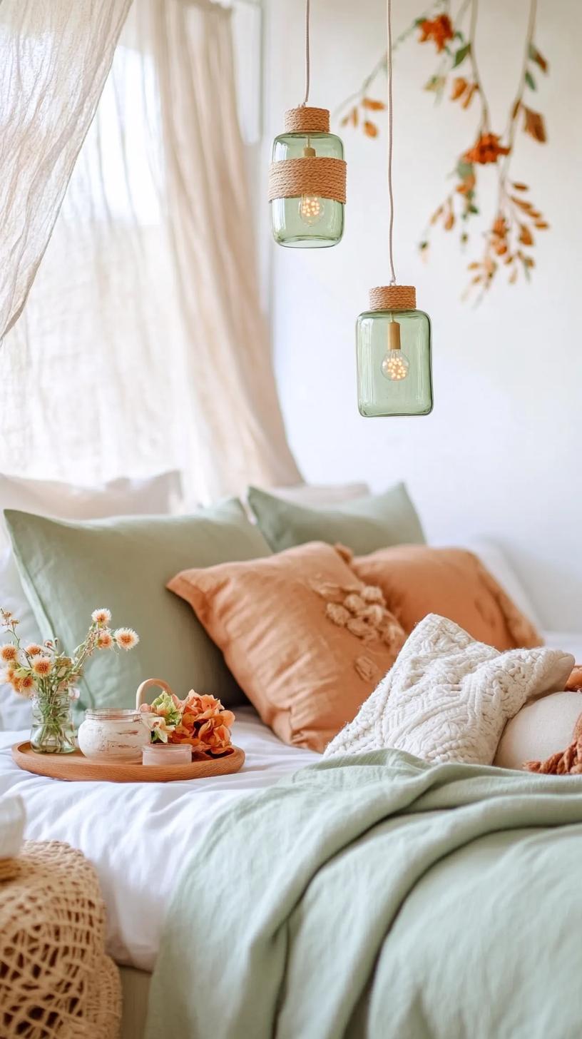 25 einzigartige Salbei grüne Boho Schlafzimmer Ideen für 2025 49 15. Ätherische Beleuchtung: Installieren Sie Saitenlichter in Salbei-Gläsern entlang der Decke, um ein magisches Ambiente-2 zu erreichen