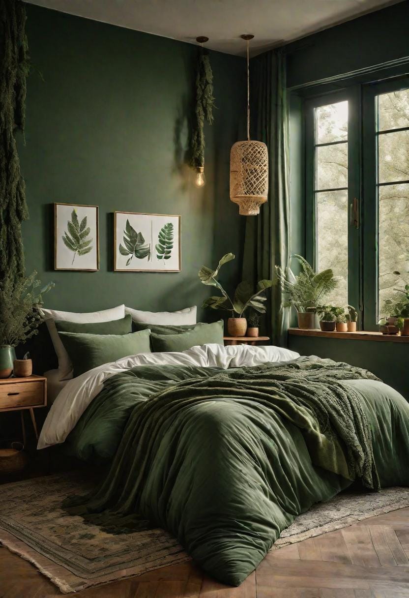 25 einzigartige Salbei grüne Boho Schlafzimmer Ideen für 2025 58 18. Waldfantasie: Mischen Sie tiefe Waldgrün mit Salbei an Fenstervorhängen und Bettwäsche, um Woodland Charm-2 hervorzurufen