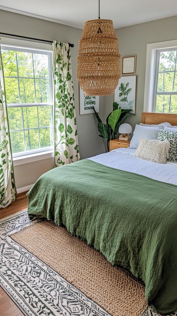 25 einzigartige Salbei grüne Boho Schlafzimmer Ideen für 2025 57 18. Waldfantasie: Mischen Sie tiefe Waldgrün mit Salbei an Fenstervorhängen und Bettwäsche, um Woodland Charm-1 hervorzurufen