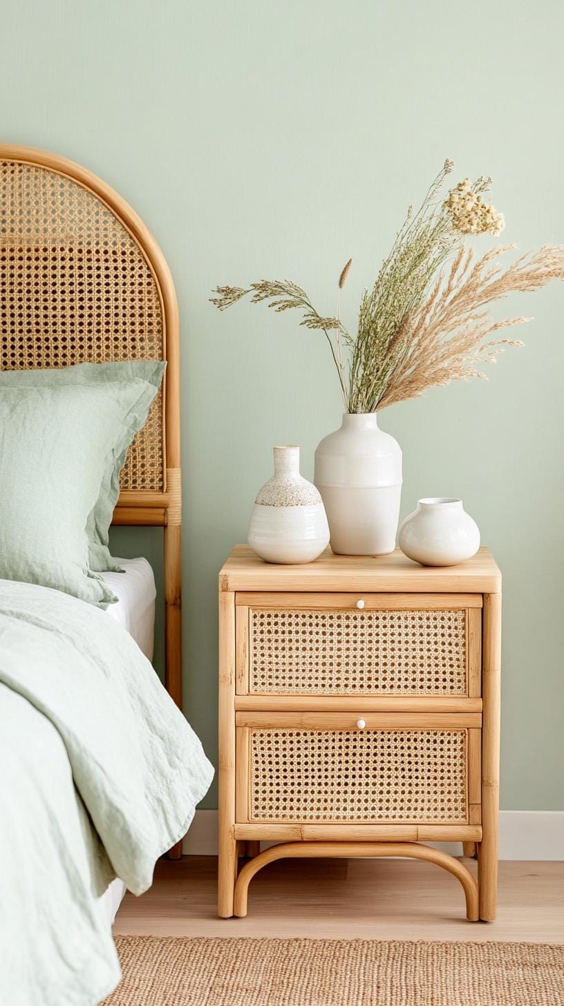 25 einzigartige Salbei grüne Boho Schlafzimmer Ideen für 2025 66 21. Ausgewogene Symmetrie: Symmetrisch am Nachttischen anordnen, jeweils mit Salbei und weißer Keramik-1 zugänglich
