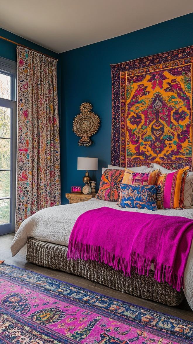21 colorful boho bedroom ideas for a bizarre hippie -vibe 5 1. Earthy tones meet rainbow: integrate lush greens, deep blue and magenta eruptions in textiles and wall containers-2