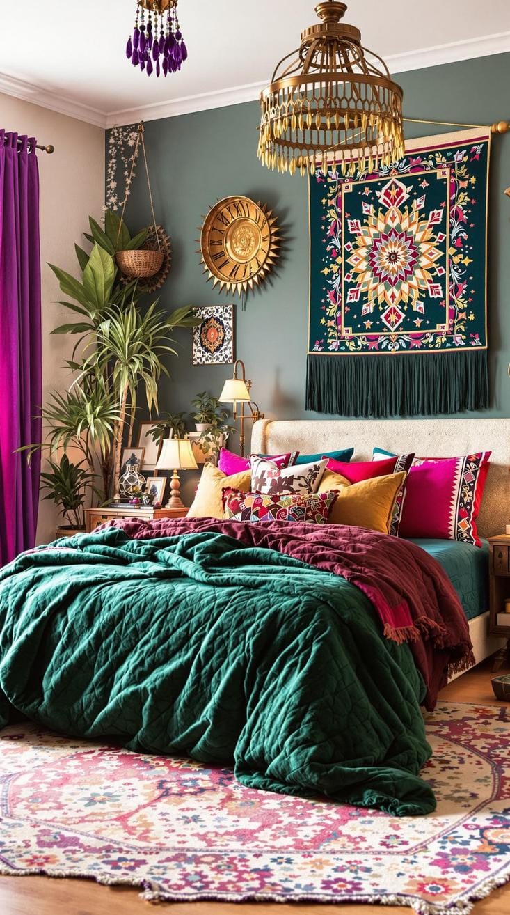 21 colorful Boho bedroom ideas for a bizarre hippie -vibe 4 1. Earthy tones meet rainbow: integrate lush greens, deep blue and magenta eruptions in textiles and wall hangers-1