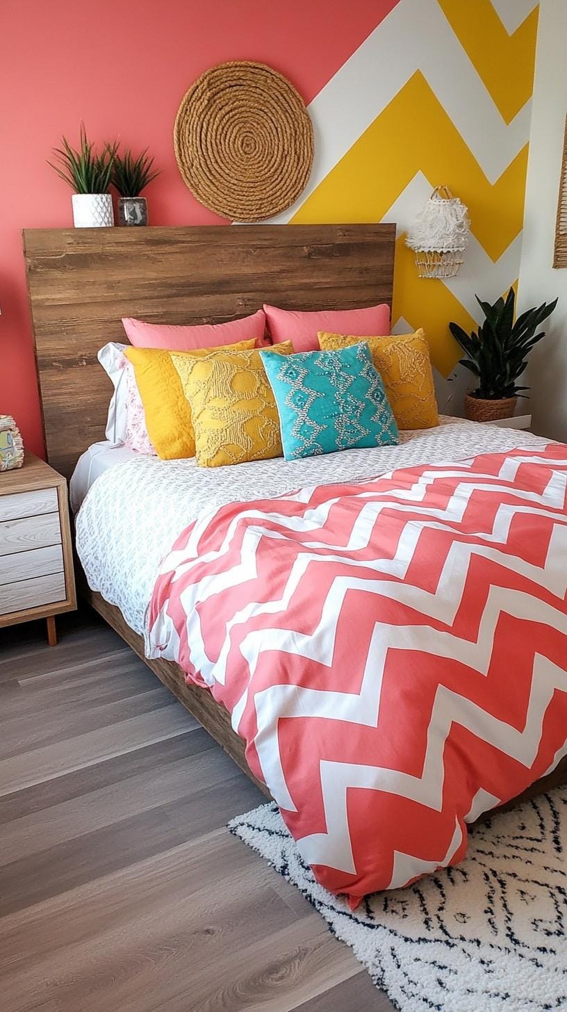 21 colorful boho bedroom ideas for a bizarre hippie atmosphere 15 5. Psychedelic pattern playground: combine zigzag pattern in bold pink, mustard yellow and cobalt blue-1