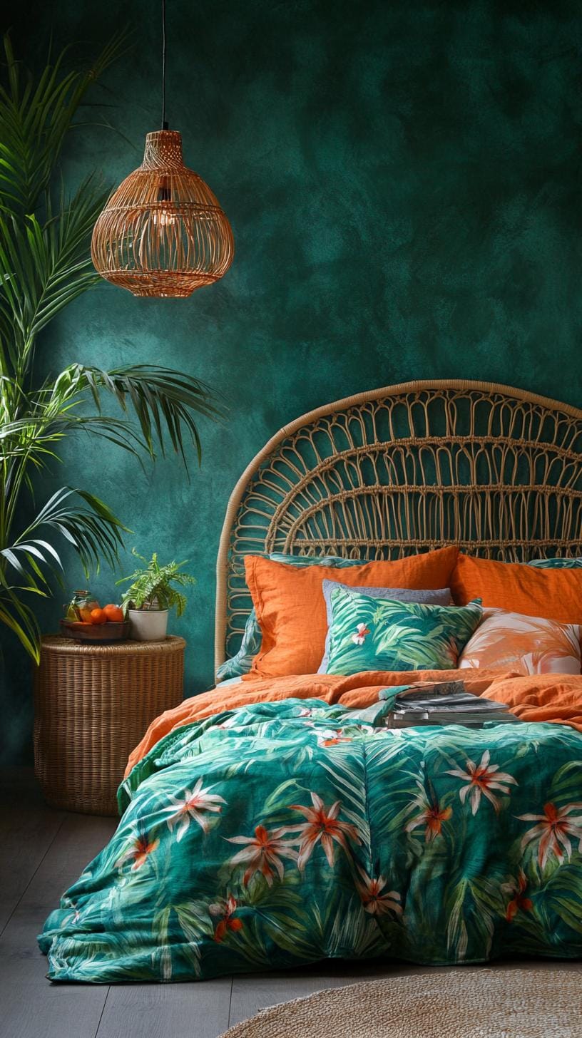 21 colorful boho bedroom ideas for a bizarre hippie mood 11 3 .. Tropical Oasis Retreat: Use lively orange and blue-green with tropical leaf patterns and macramé-touches-2