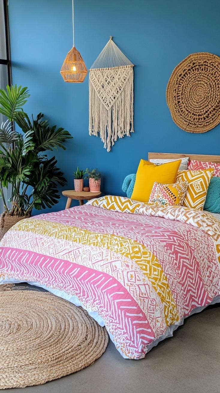 21 colorful boho bedroom ideas for a bizarre hippie -vibe 16 5. Psychedelic pattern playground: combine zigzag pattern in fat pink, mustard yellow and cobalt blue-2