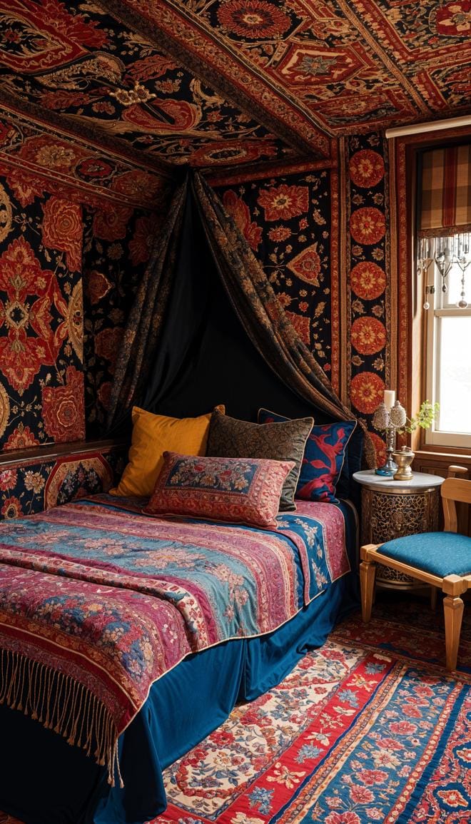 21 colorful boho bedroom ideas for a bizarre hippie -vibe 48 16. Magic wall carpet Territory: Colorful, complicated wall carpets in rich red and navy blau in room 2 hang