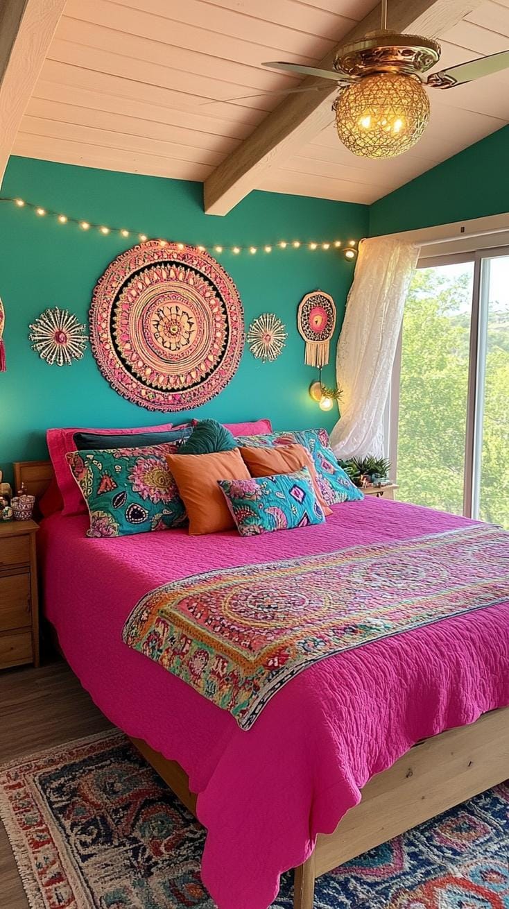 21 colorful Boho bedroom ideas for a bizarre hippie -vibe 50 17. Bohemian Neon Festival: Splash neon pinks and blues with festival inspired