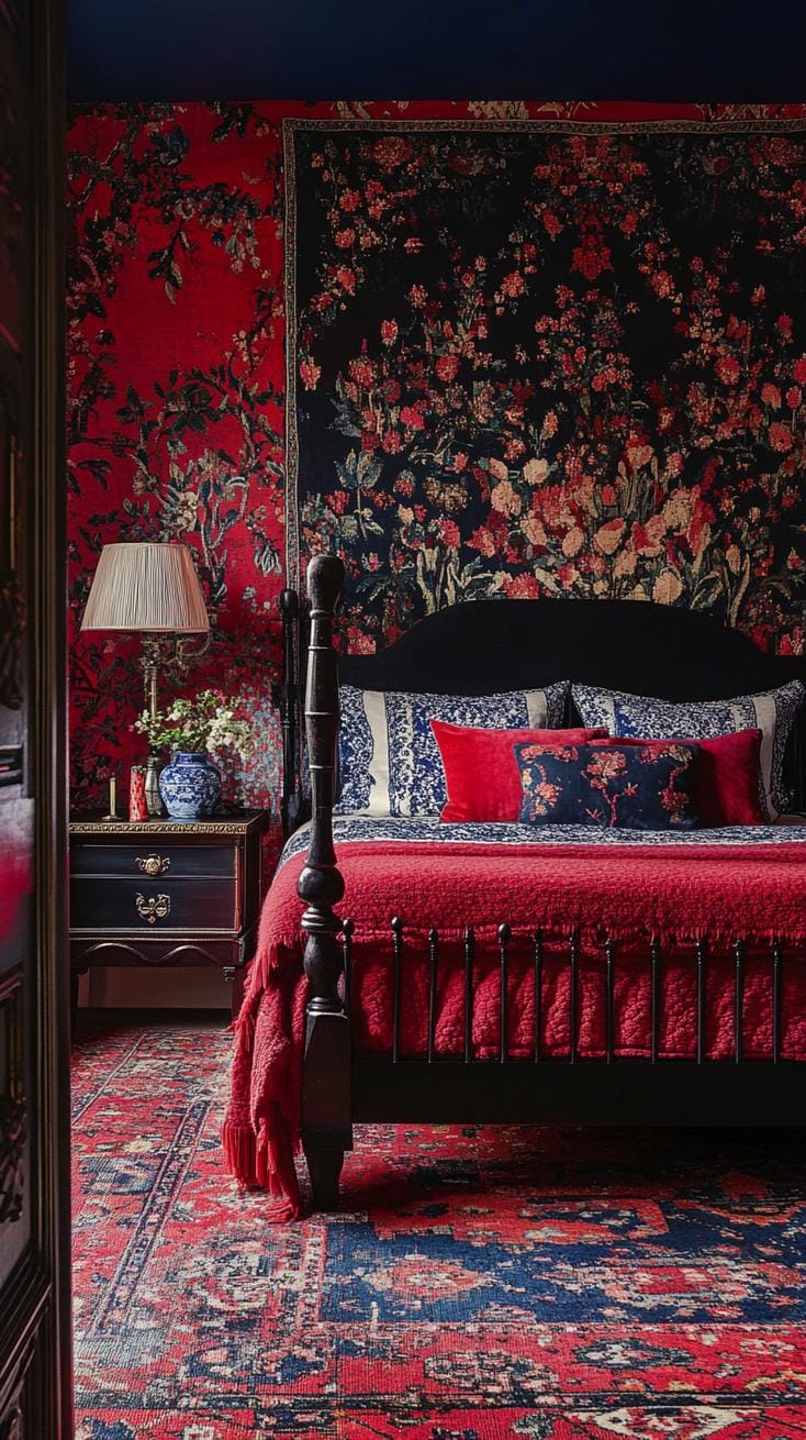 21 colorful boho bedroom ideas for a bizarre hippie -vibe 47 16. Magic wall carpet Territory: Colorful, complicated wall carpets in rich red and marine blues hang around the room-1