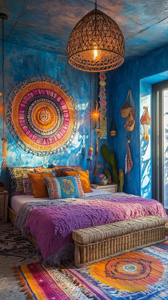 21 colorful boho bedroom ideas for a bizarre hippie -vibe 52 18. Wonderful hiker paradise: Mix Mix Denim Blues with sandy beige with exotic decor, travel motifs-1
