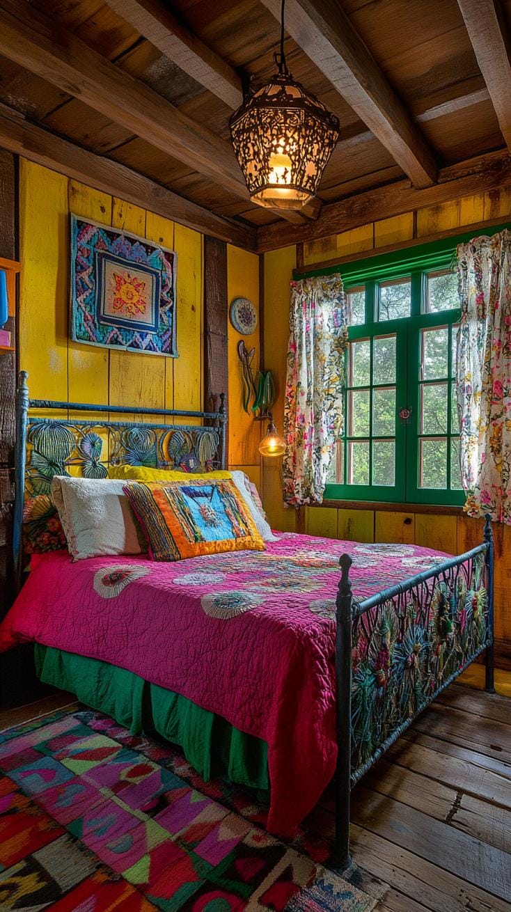 21 colorful boho bedroom ideas for a bizarre hippie -vibe 55 19. Upcycled Color Craze: Use repurposed materials with color splashes for a lively environmentally friendly Vibe-1