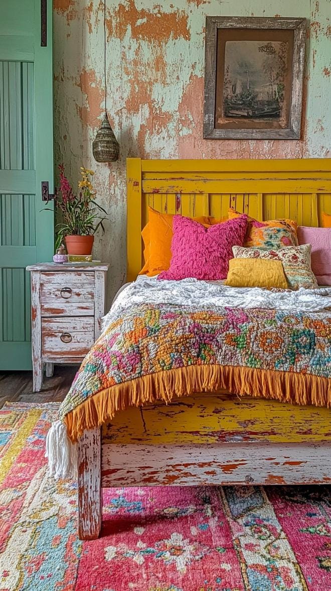 21 colorful boho bedroom ideas for a bizarre hippie -vibe 56 19. Upcycled Color Craze: Use repurposed materials with color splashes for a lively environmentally friendly Vibe-2