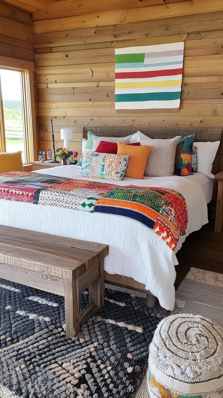 21 colorful boho bedroom ideas for a bizarre hippie -vibe 62 21. Kaleidoscope cabin: Choose rich jewel tones in a rainbow spectrum with overlapping elements and patchwork designs-2